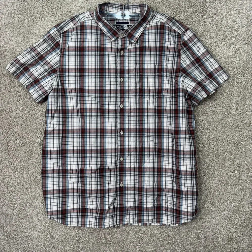 The North Face Button Down Shirt Mens XXL White Red Plaid Short Sleeve Hiking
